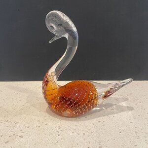 Art Glass Swan Bird Figurine Clear and Amber Controlled Bubbles Elegant